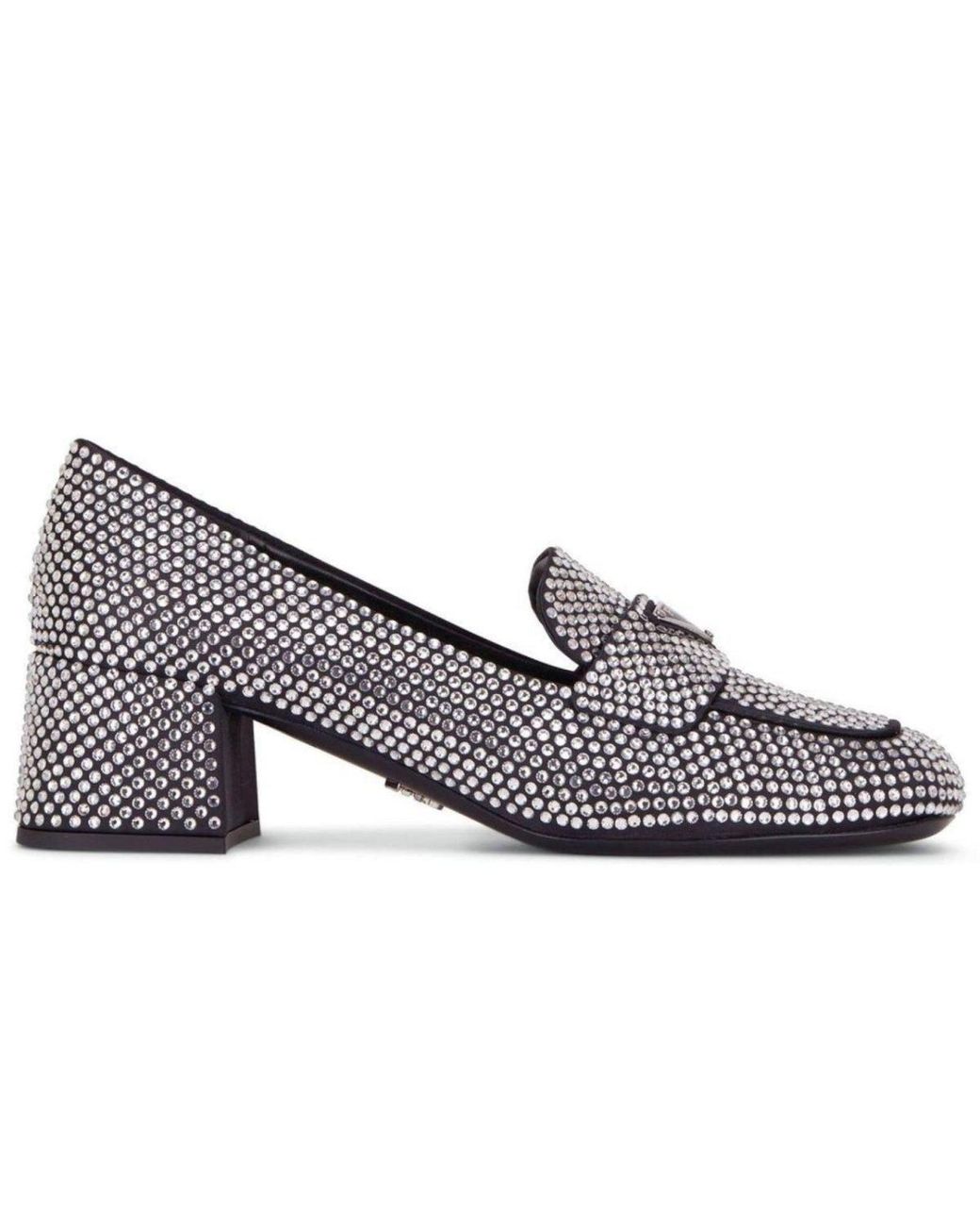 Prada Gray Crystal-embellished Logo-plaque Loafers