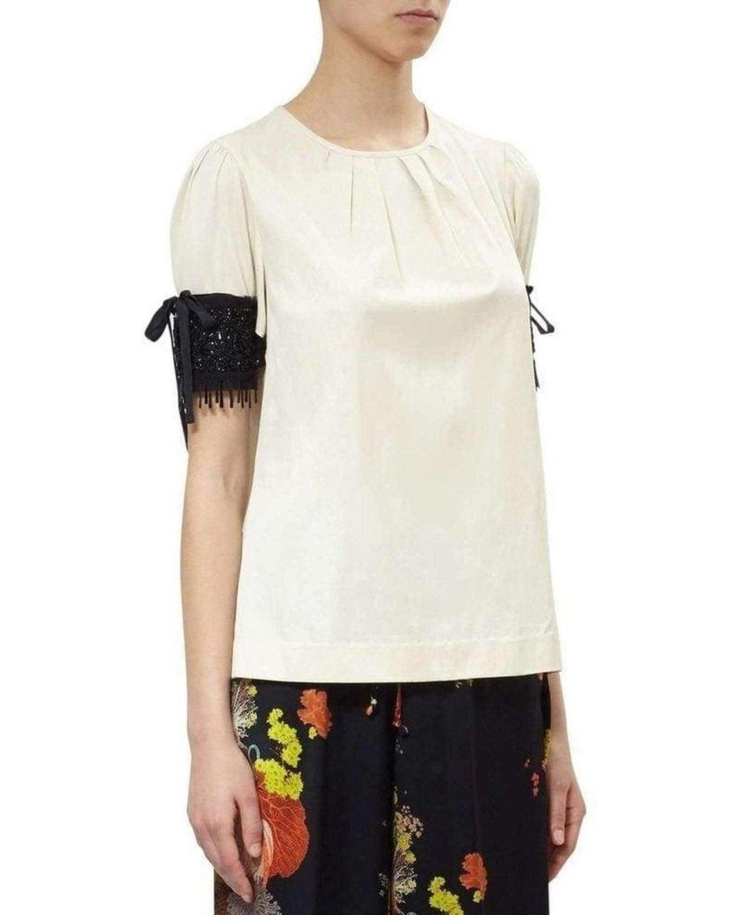 Dries Van Noten Natural Embellished Sleeve Cotton Blend Top