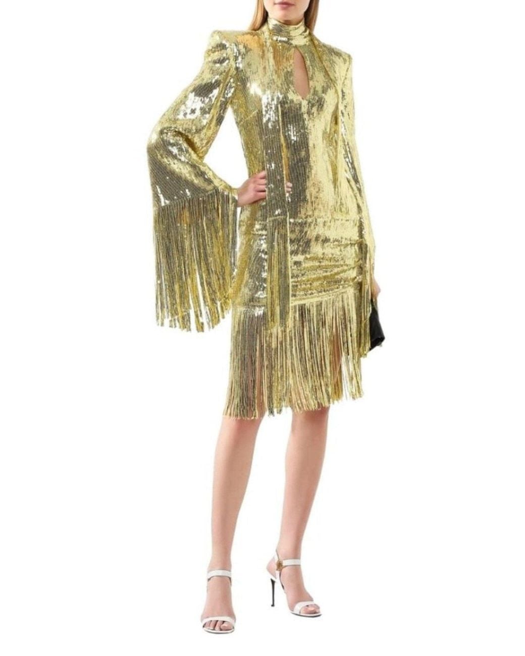 Balmain Metallic Gold Sequin Fringed Midi Dress
