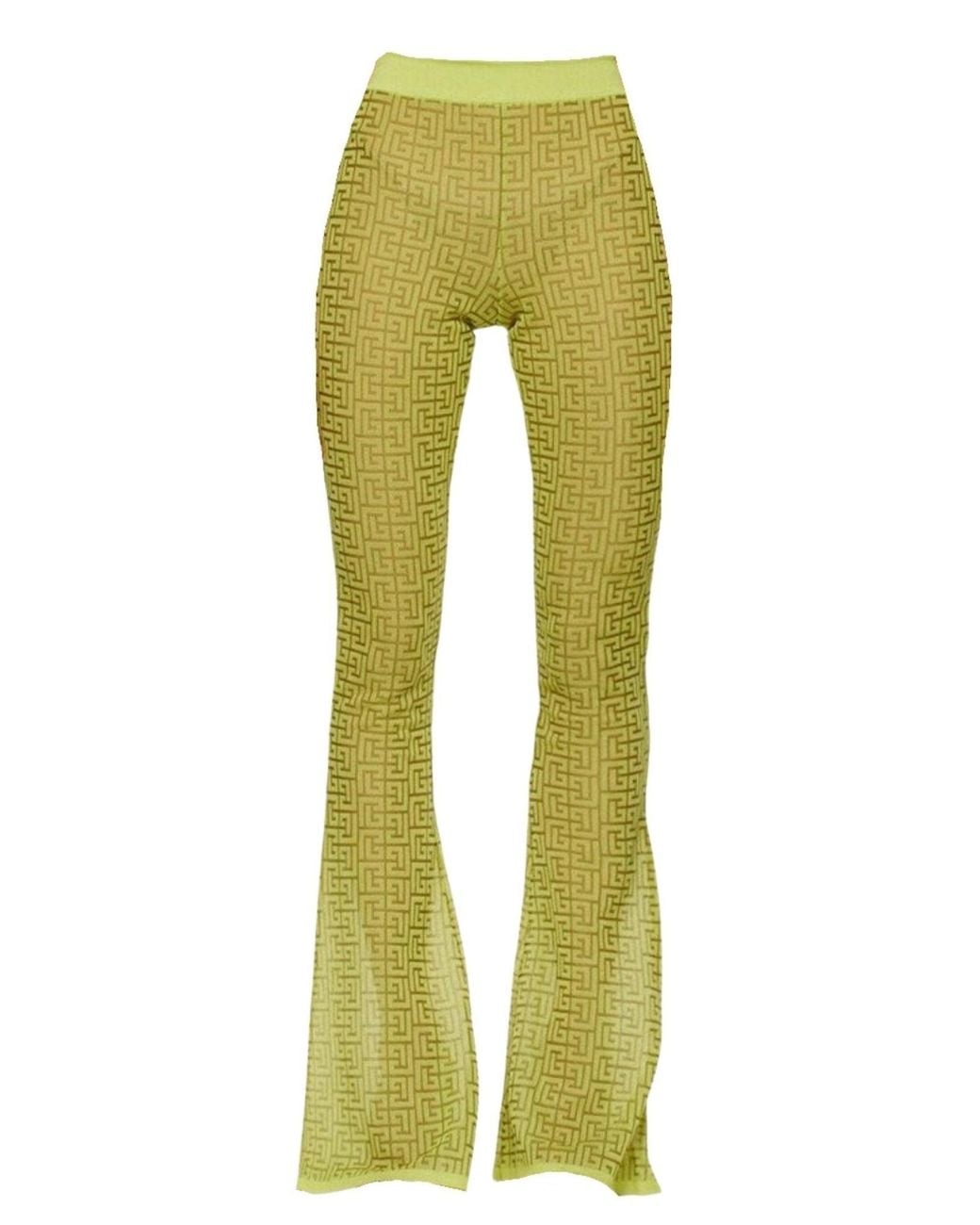Balmain Green Semi-sheer Monogram Pattern Flared Pants