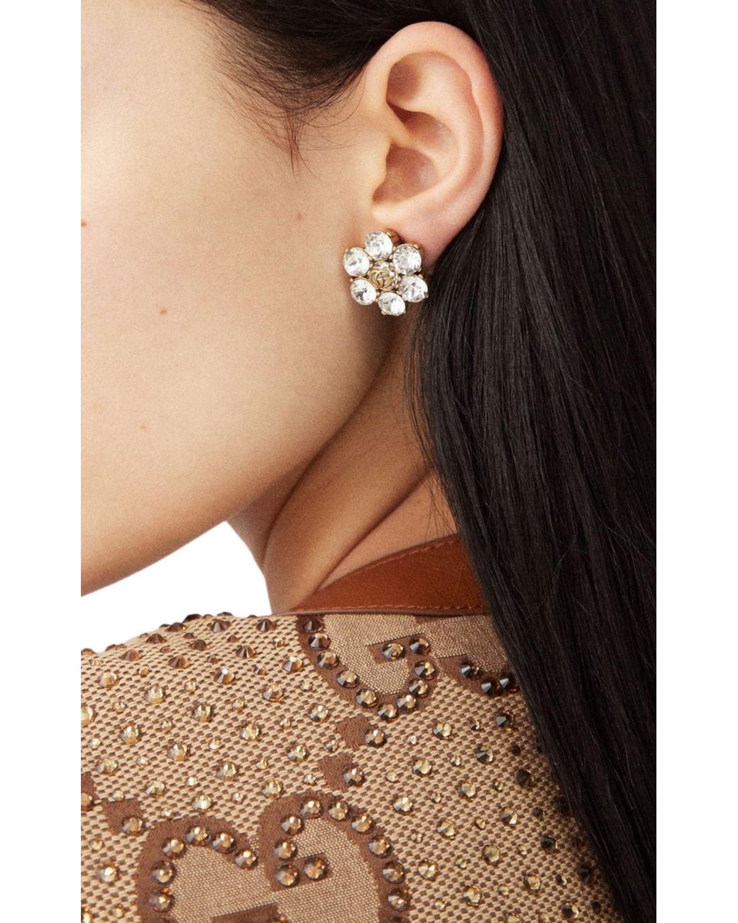 Gucci Metallic Crystal GG Logo Clip Earrings In Gold-tone Metal
