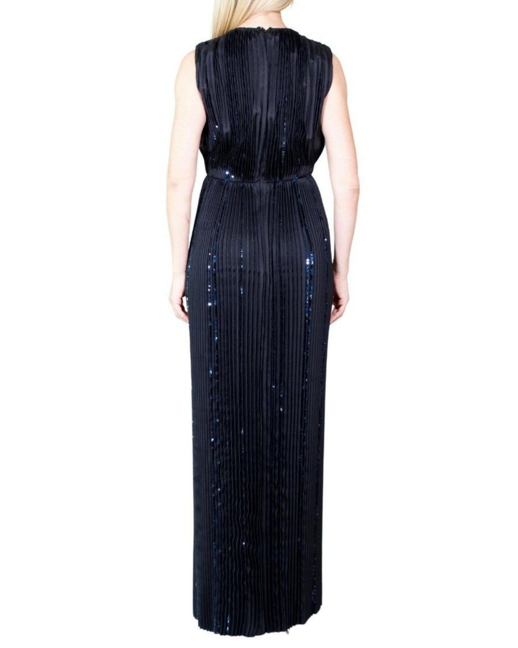 Nina Ricci Blue Black Pleated Sequin Embellished Maxi Silk Gown