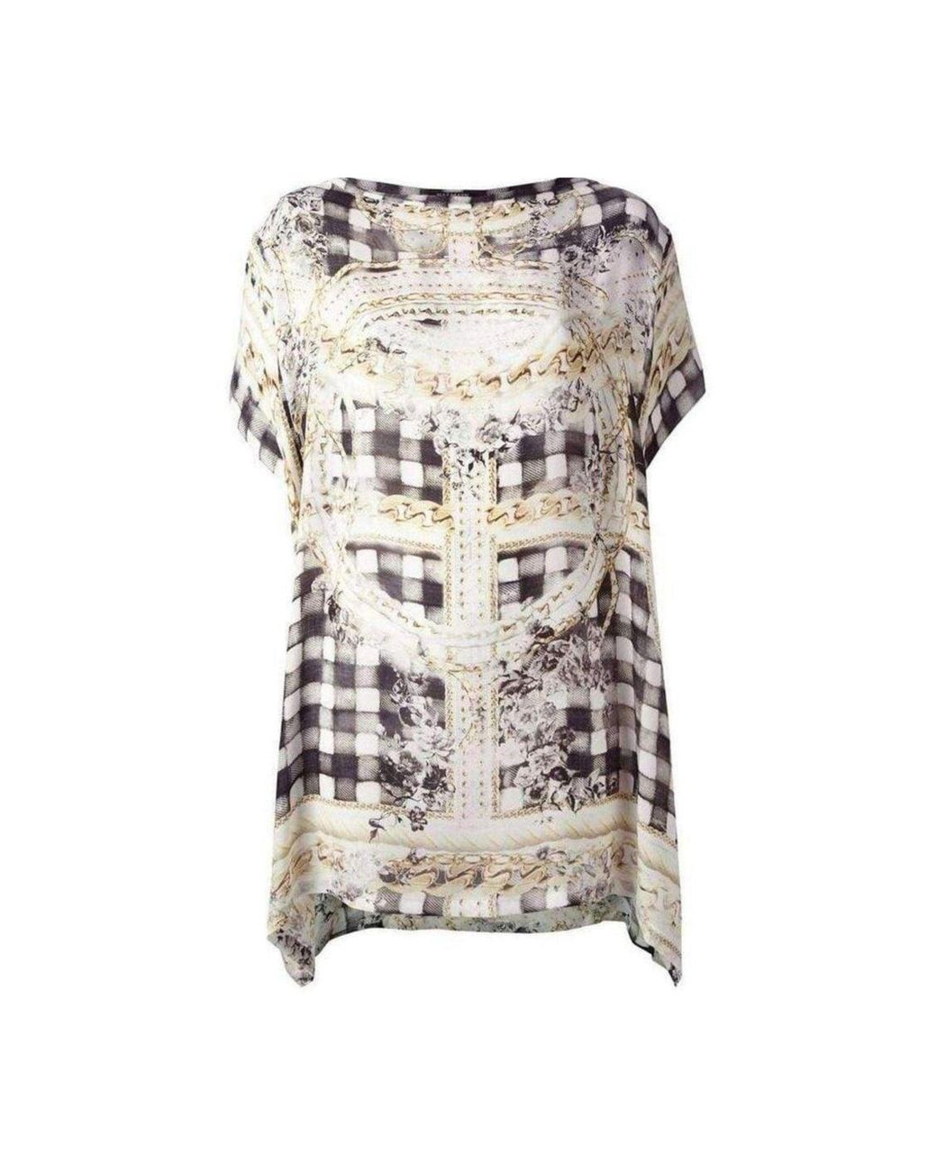 Balmain Gray Cream Printed Silk Tunic Dress With Batwing Sleeves