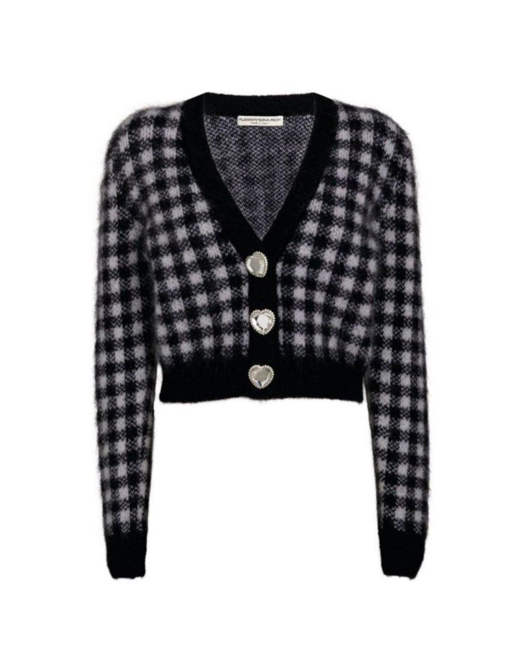Alessandra Rich Black Embellished Check Mohair Cardigan