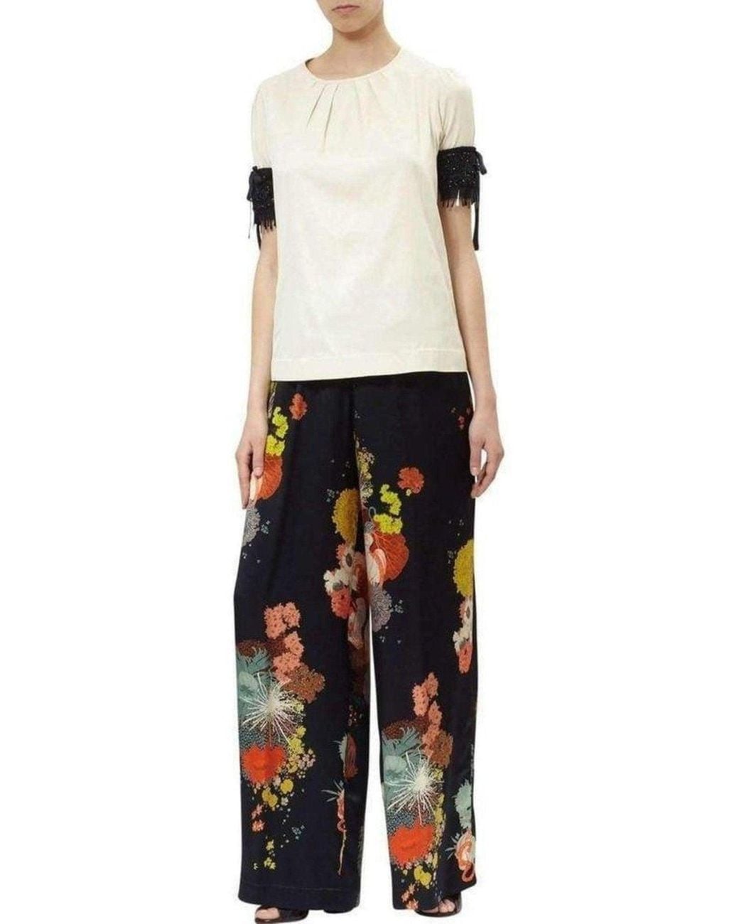 Dries Van Noten Natural Embellished Sleeve Cotton Blend Top