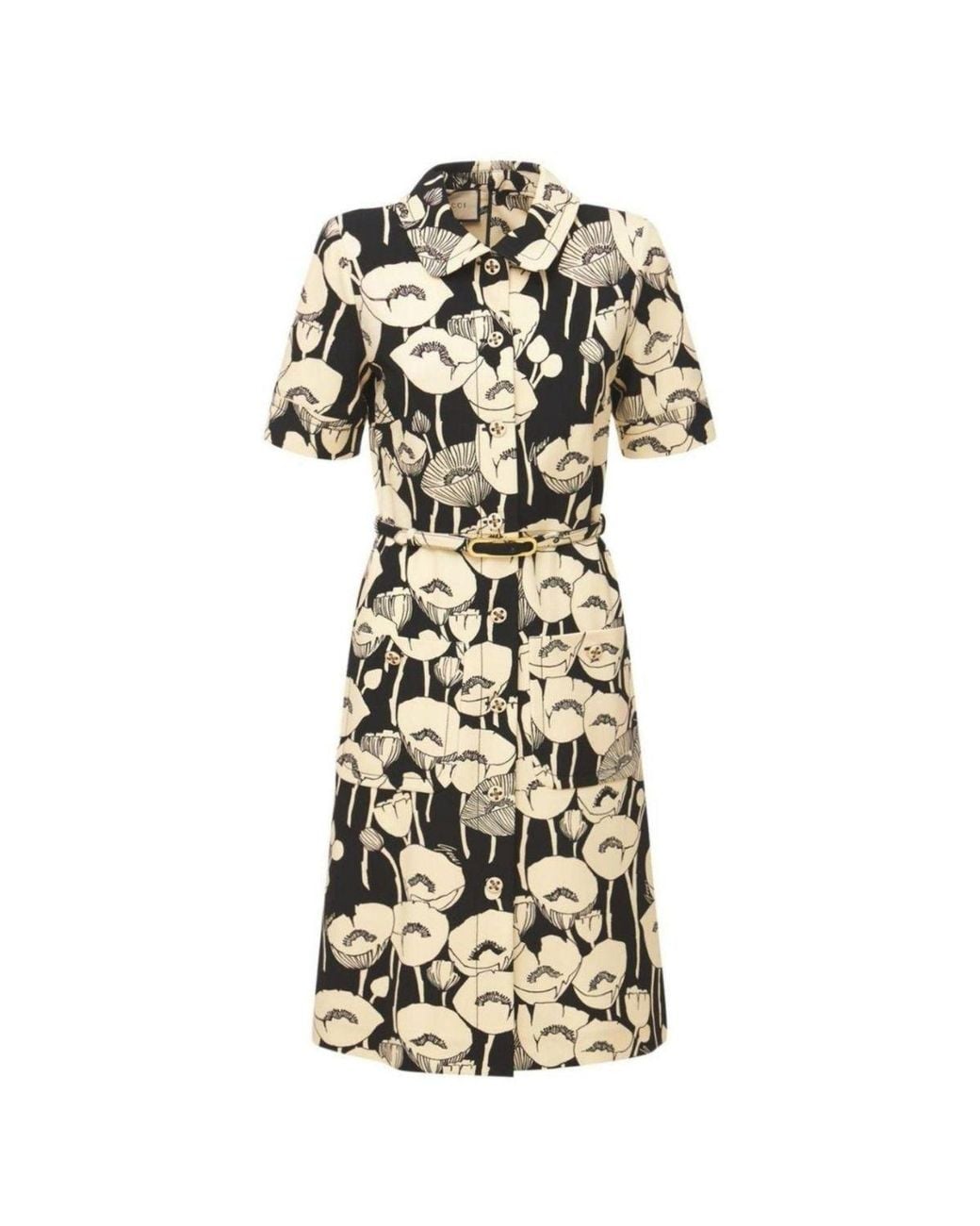 Gucci Black Poppy Floral Print Belted Jersey Dress