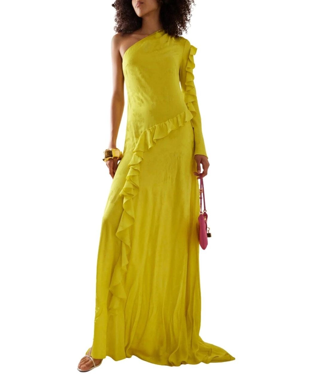 Alejandra Alonso Rojas One Shoulder Yellow Silk Ruffle Dress