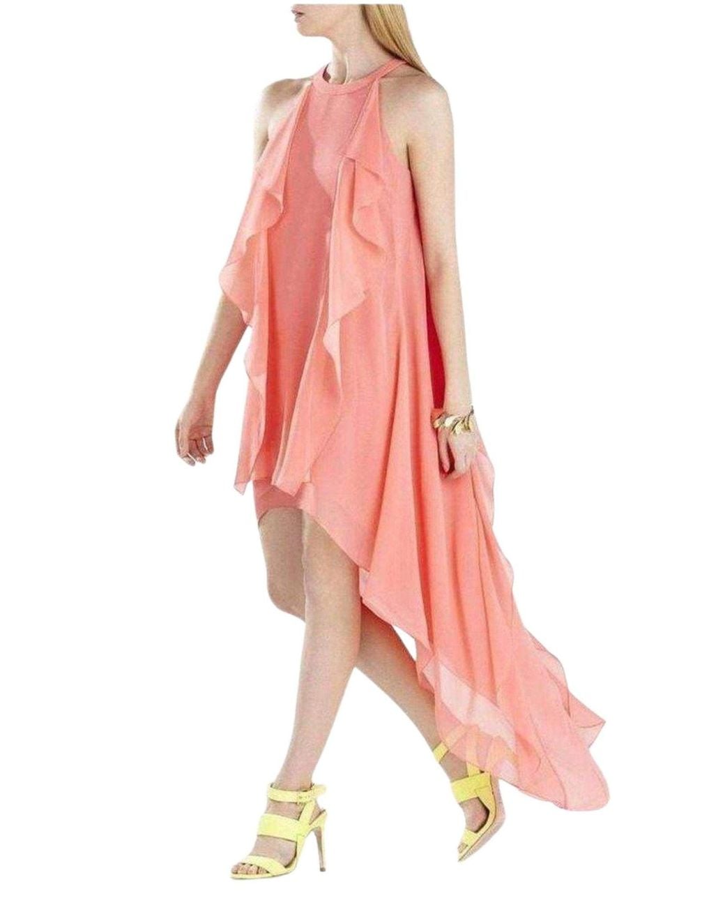 BCBGMAXAZRIA Pink Kelsia Cascade Ruffle Halter Dress