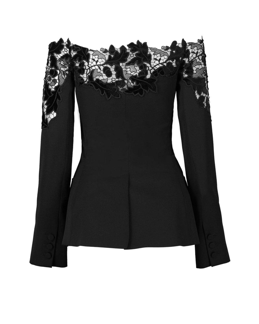 Oscar de la Renta Black Off-shoulder Velvet Guipure Lace Blazer