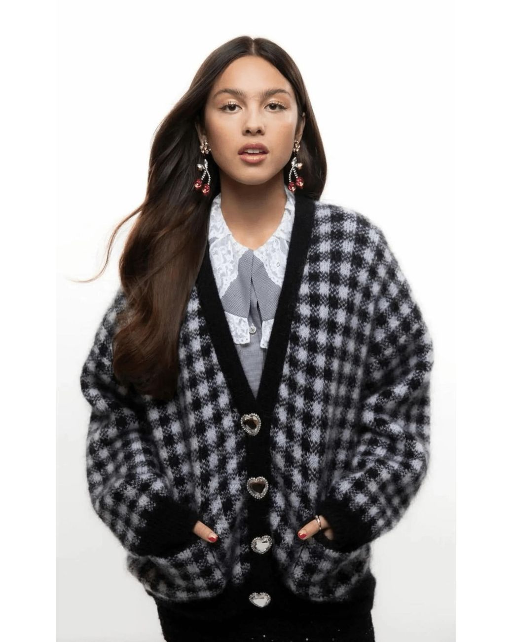 Alessandra Rich Black Embellished Check Mohair Cardigan