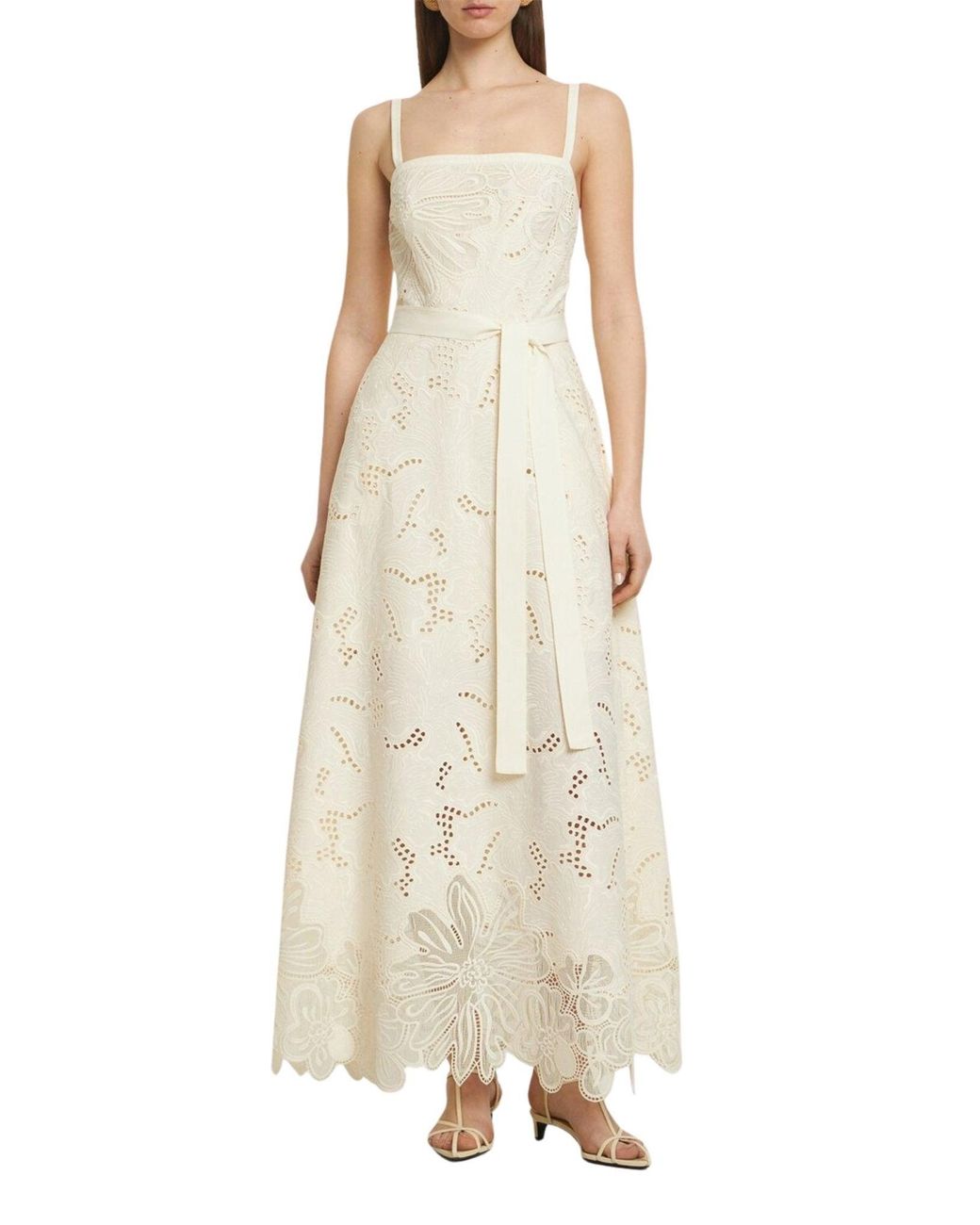 Elie Saab Natural Eyelet Embroidered Cotton-blend Midi Dress