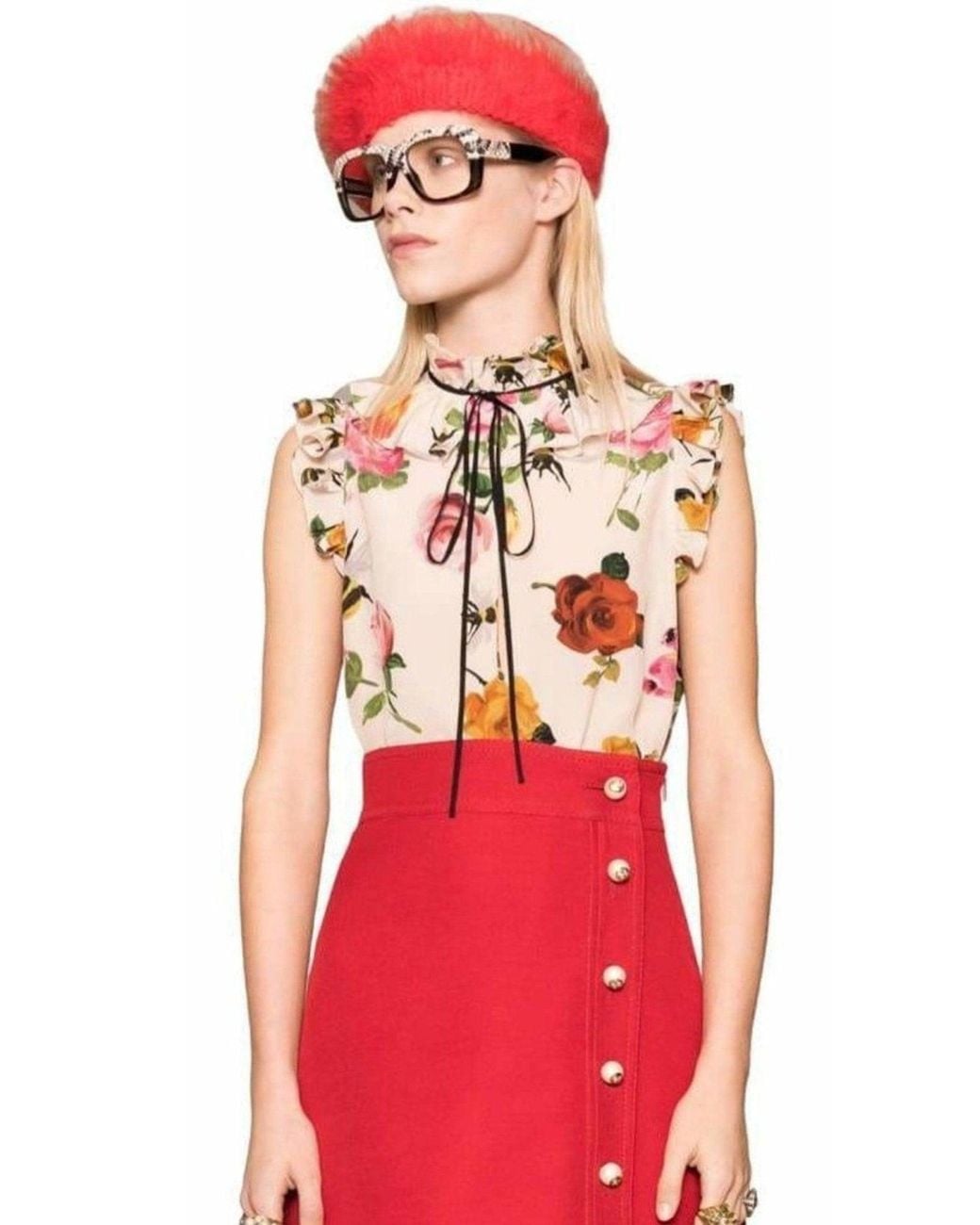 Gucci Pink Rose Print Ivory Silk Shirt