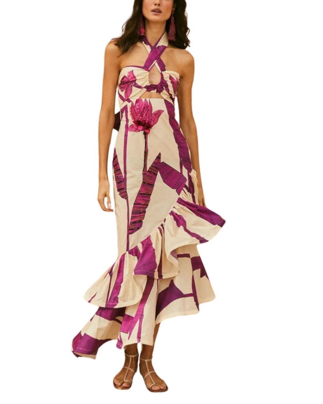 Johanna Ortiz Purple Careless Floral Ruffle Midi Dress