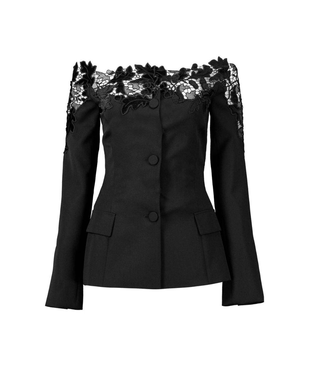 Oscar de la Renta Black Off-shoulder Velvet Guipure Lace Blazer