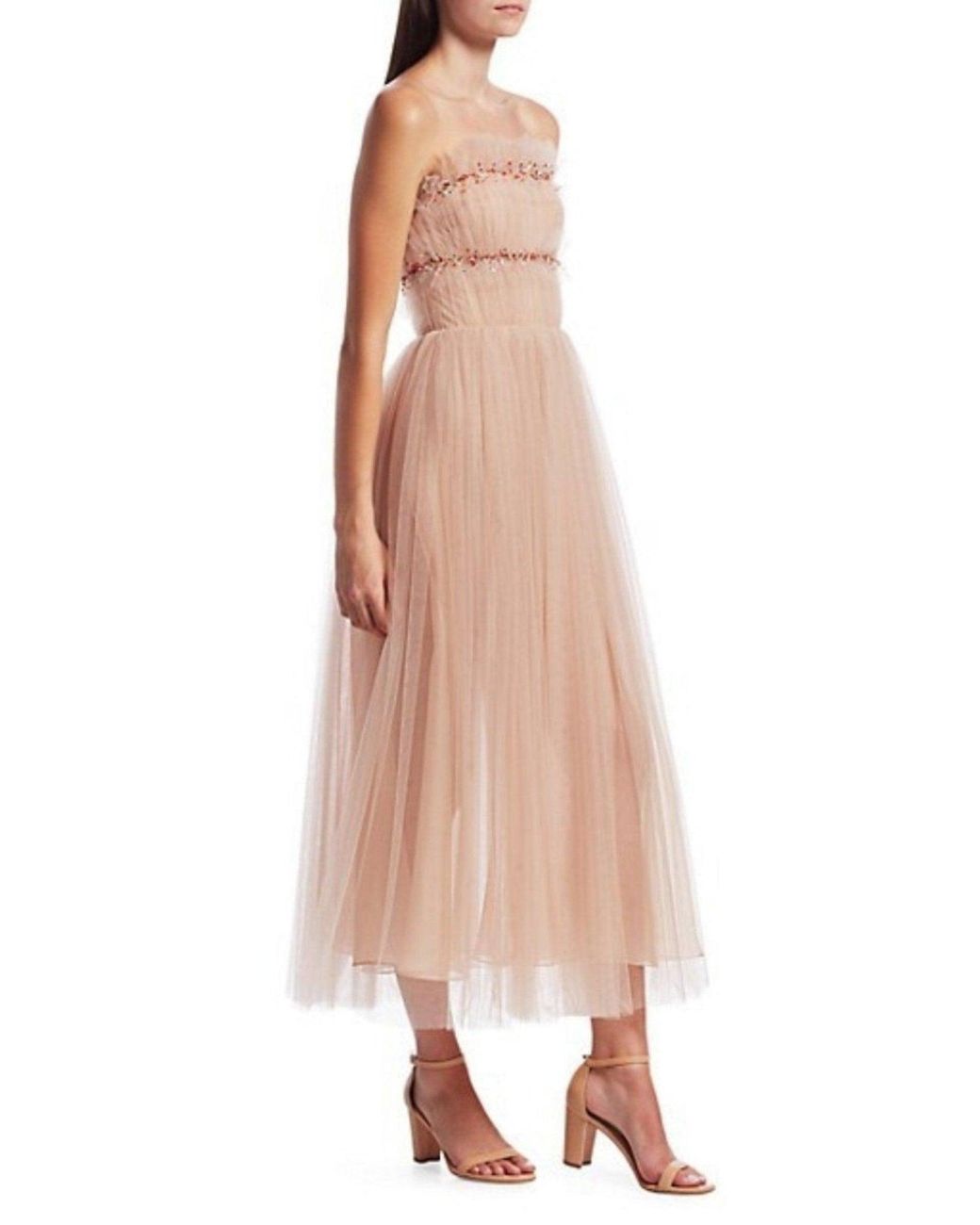 Jason Wu Natural Strapless Ruched Tulle Midi Cocktail Dress