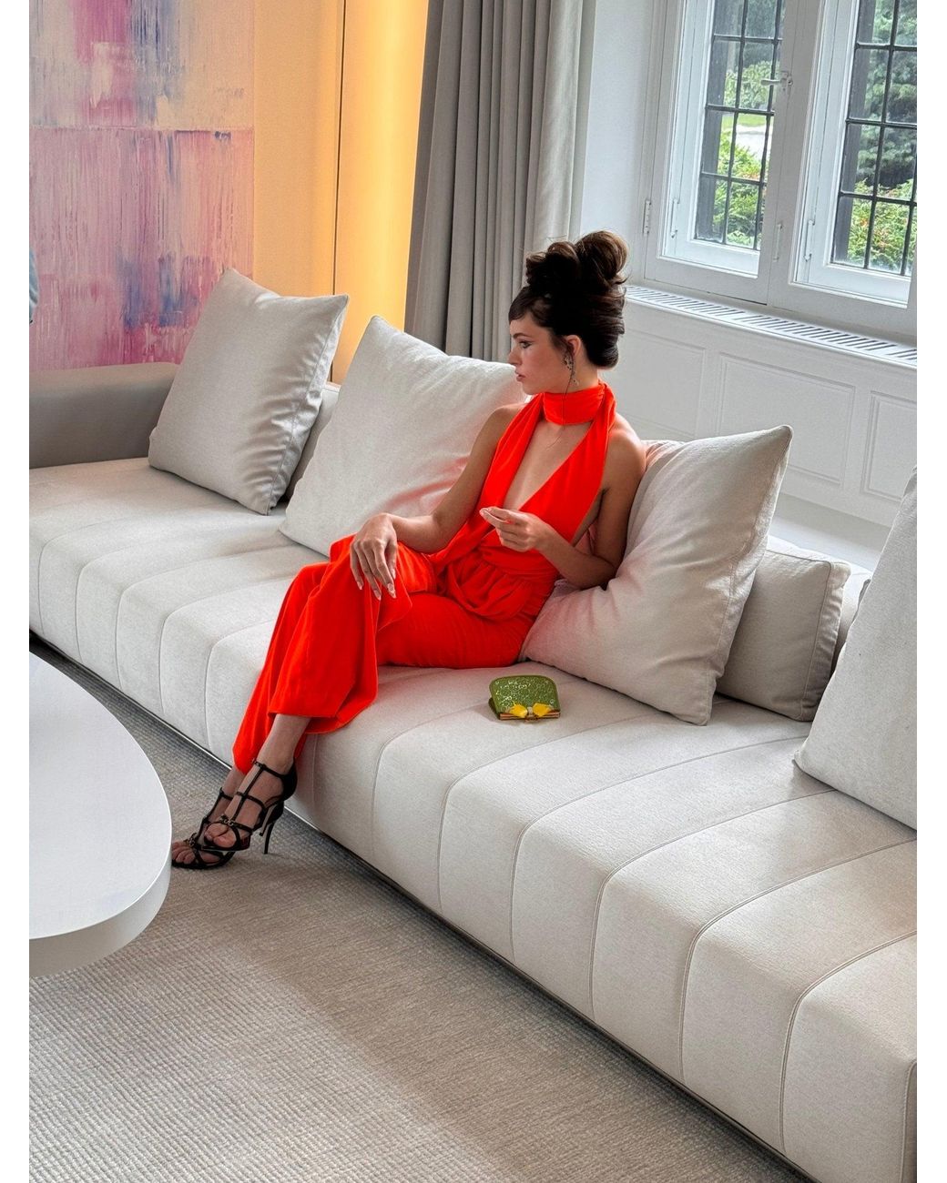 Area Red Draped Cowl Jumpsuit