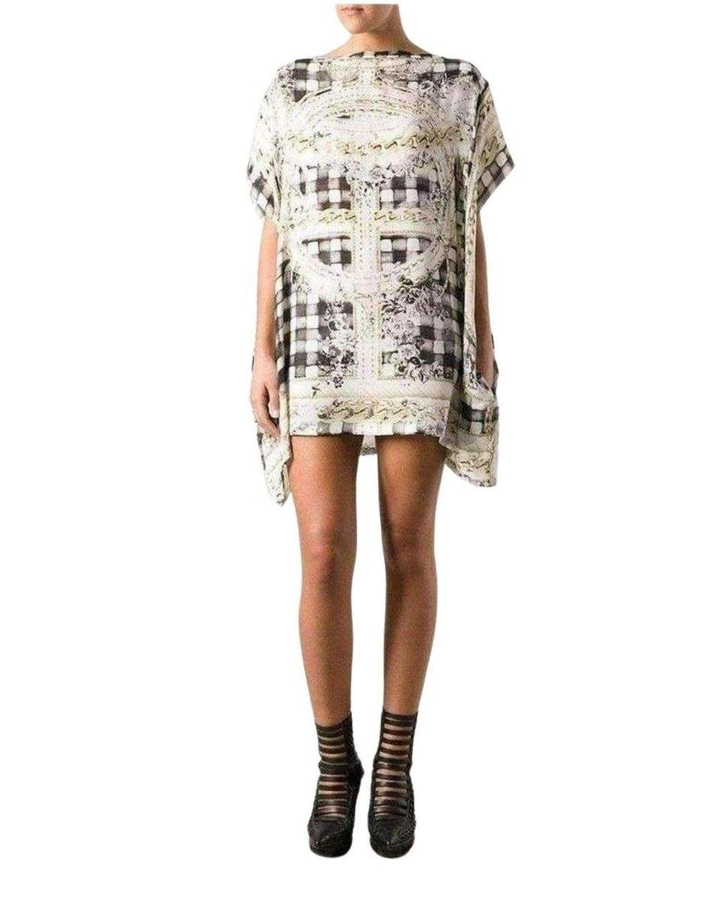 Balmain Gray Cream Printed Silk Tunic Dress With Batwing Sleeves