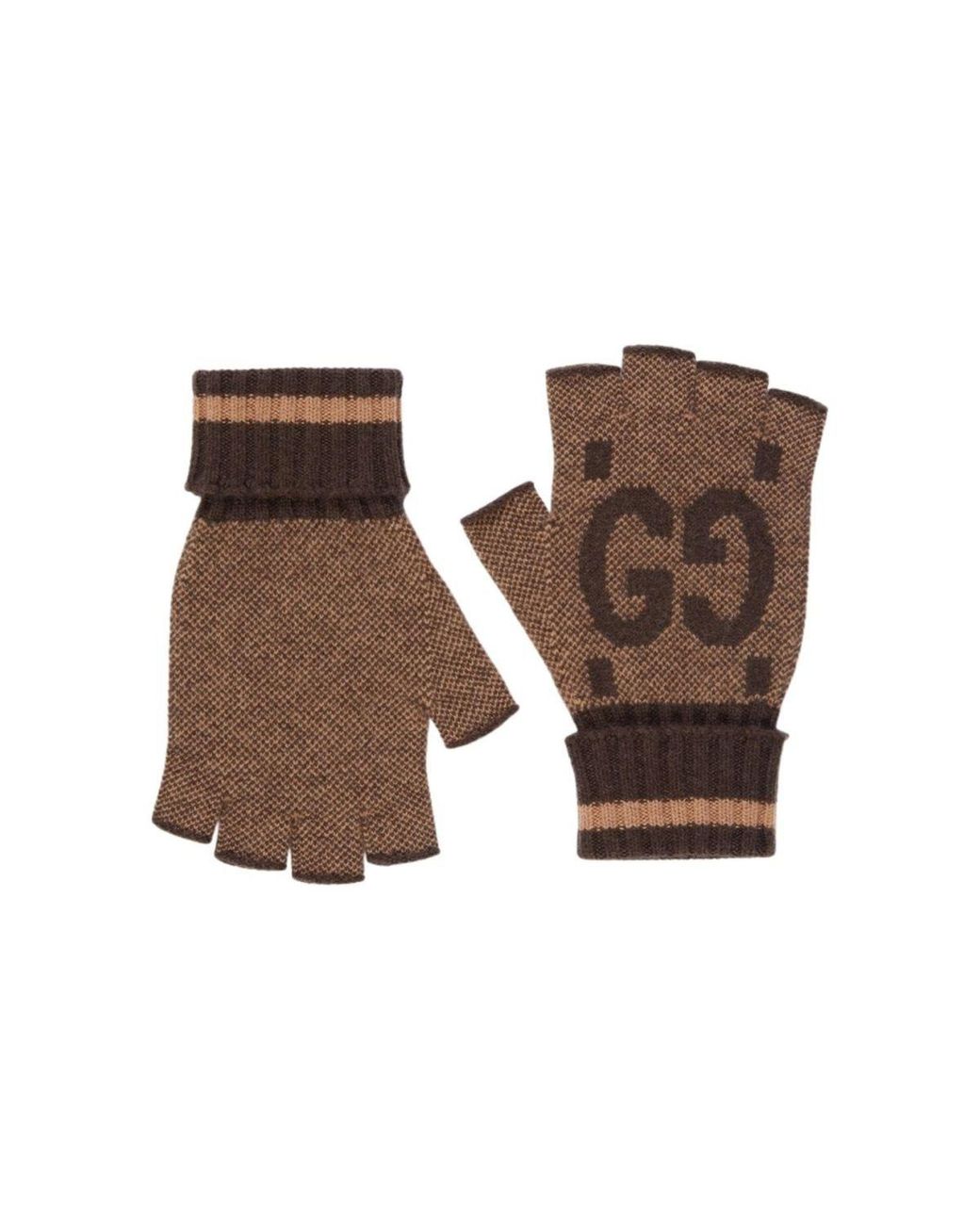 Gucci GG Cashmere Fingerless Gloves Brown Grey