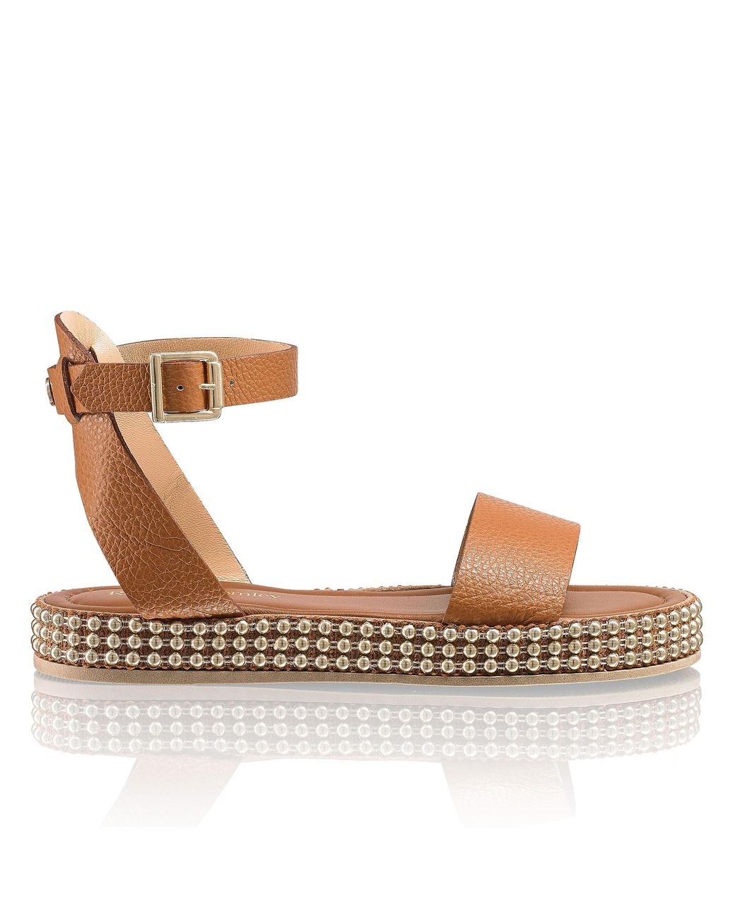 Russell & Bromley Women's Brown Leather Gold Coast Studded Flatform