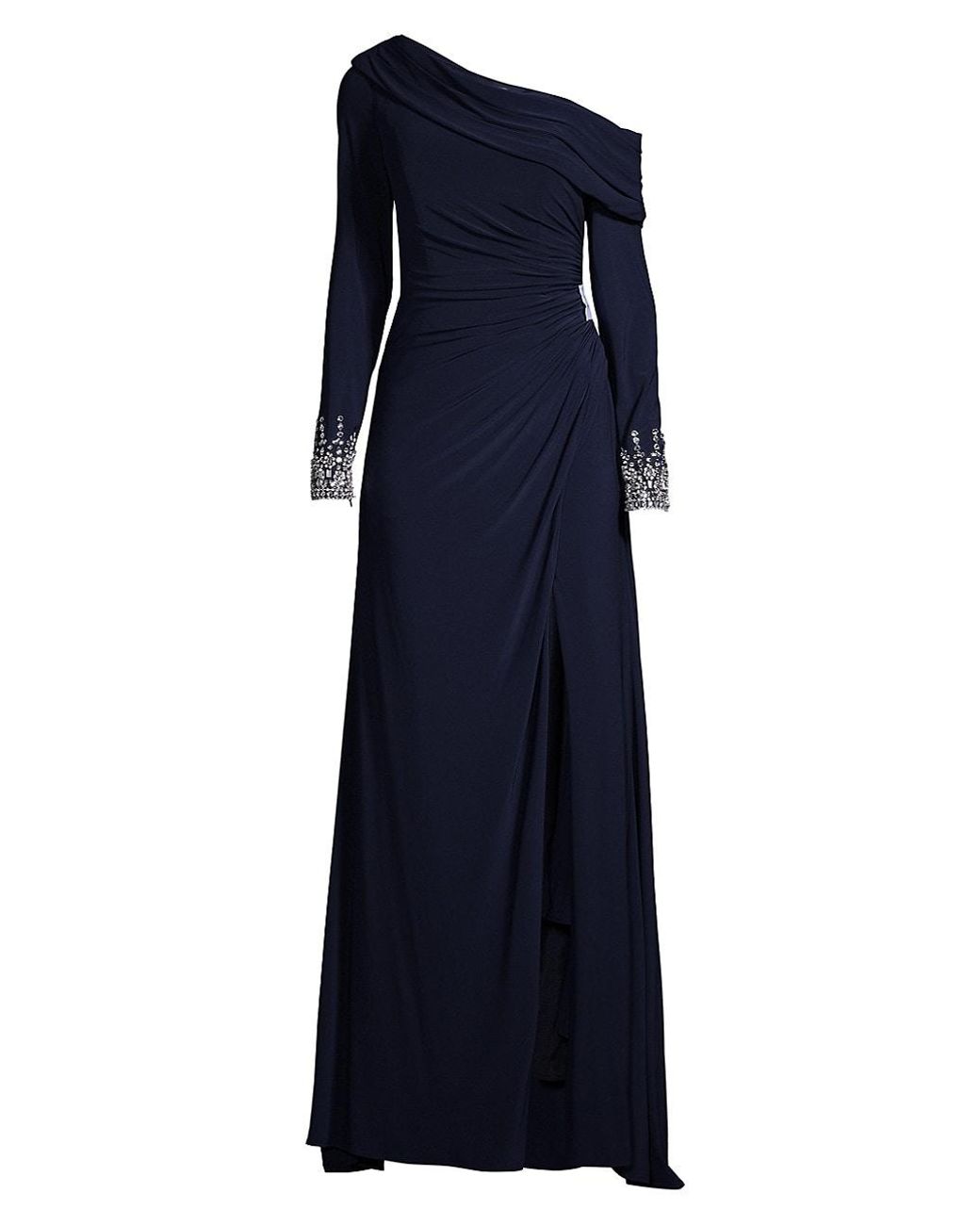 Mac Duggal Synthetic One-shoulder Jersey Ruched Side Slit Gown in Midnight (Blue) - Lyst