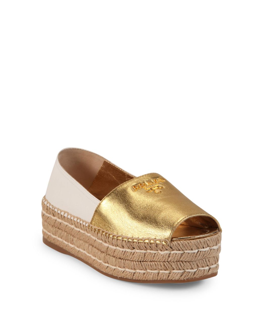Prada Two-tone Leather Peep Toe Platform Espadrilles in Metallic | Lyst