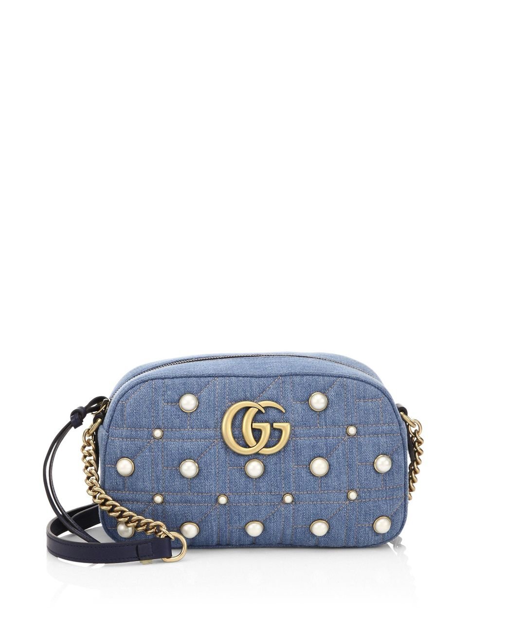 Gucci Denim Matelasse Pearl Studded GG Marmont Shoulder Bag, Luxury, Bags &  Wallets on Carousell