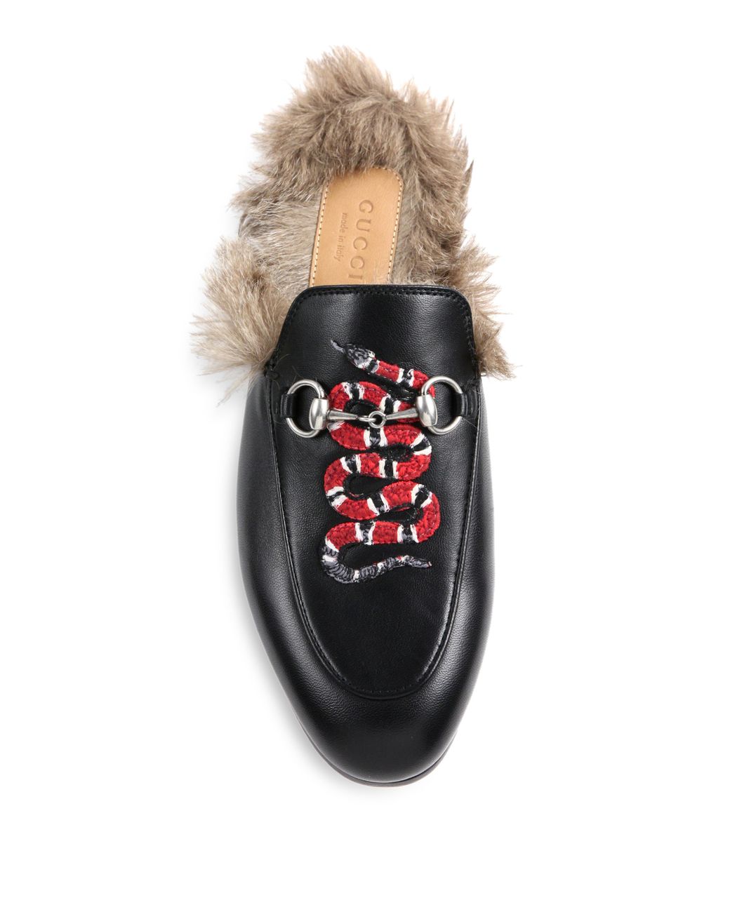 Gucci Princetown Fur-lined Snake Leather Slippers in Black | Lyst