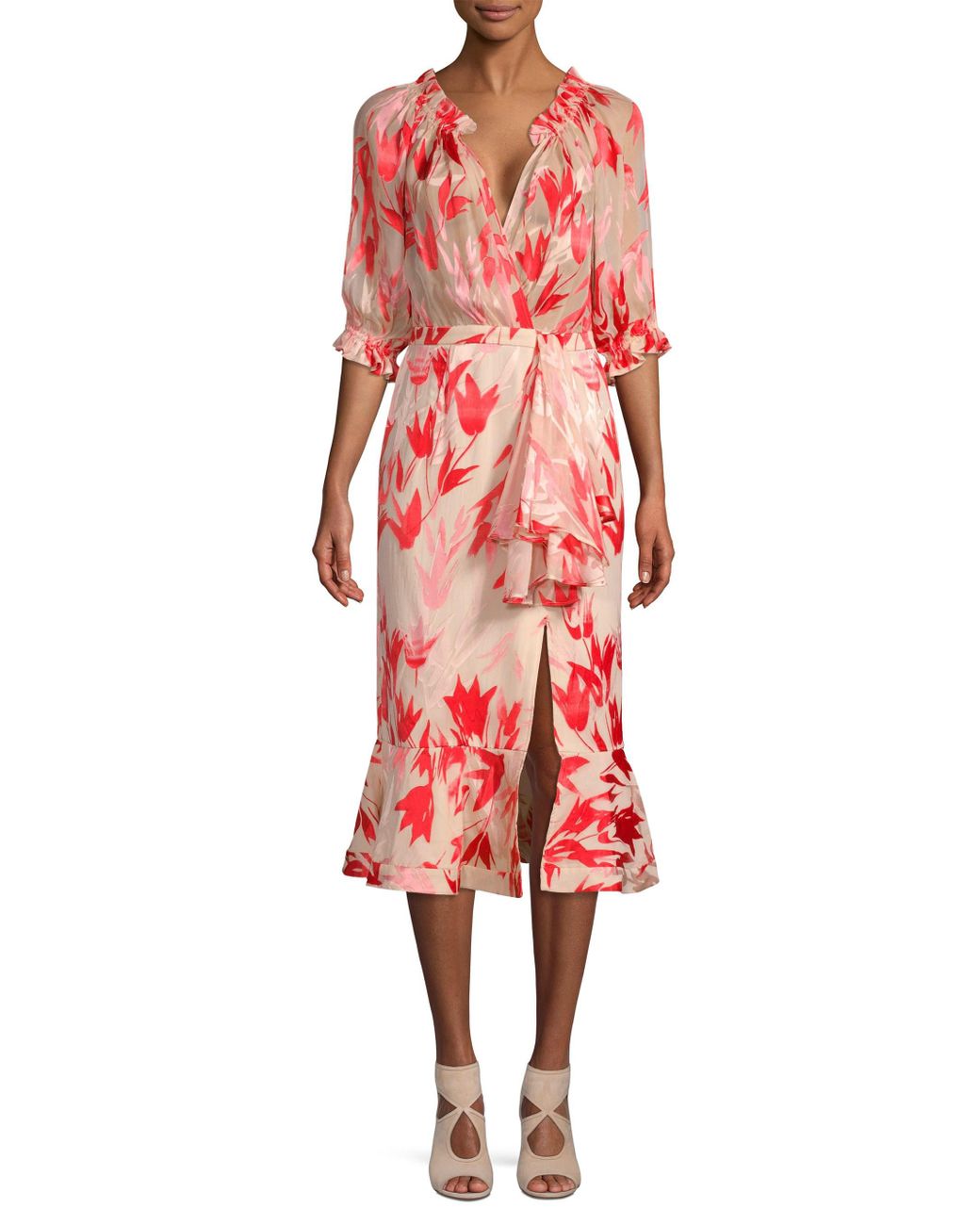 Saloni Olivia Floral Silk Midi Dress | Lyst