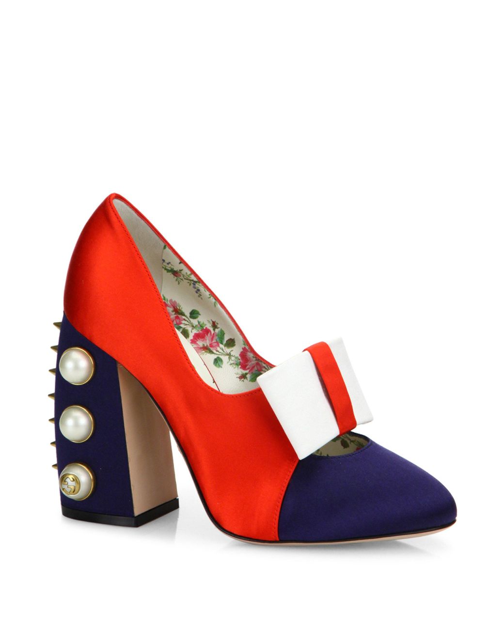 Gucci Luna Studded Block Heel Colorblock Satin Pumps in Red | Lyst