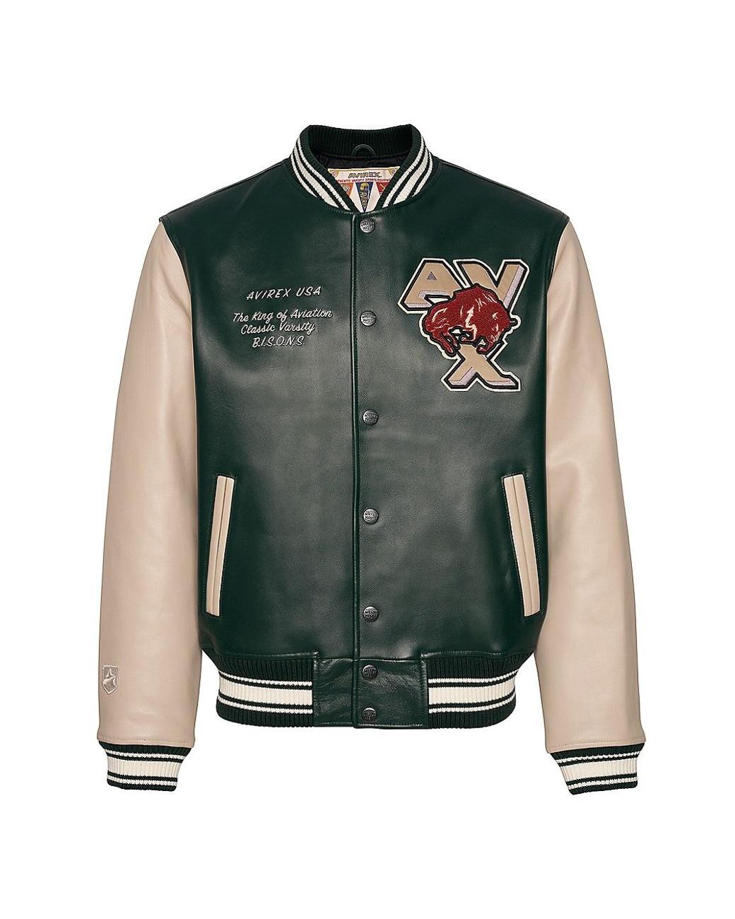 Avirex Bisons Leather Varsity Jacket in Green for Men | Lyst