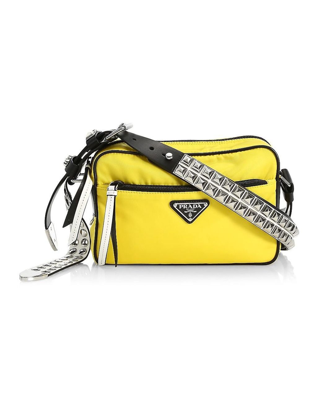 Prada Vela Nylon Studded Shoulder Bag in Yellow | Lyst