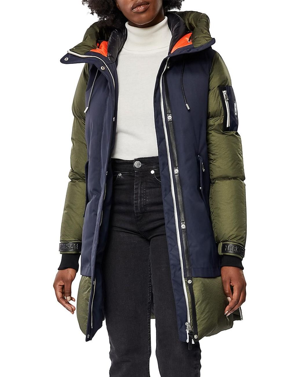 Mackage Inari Down Coat With Zippered Side Openings In Navyarmy