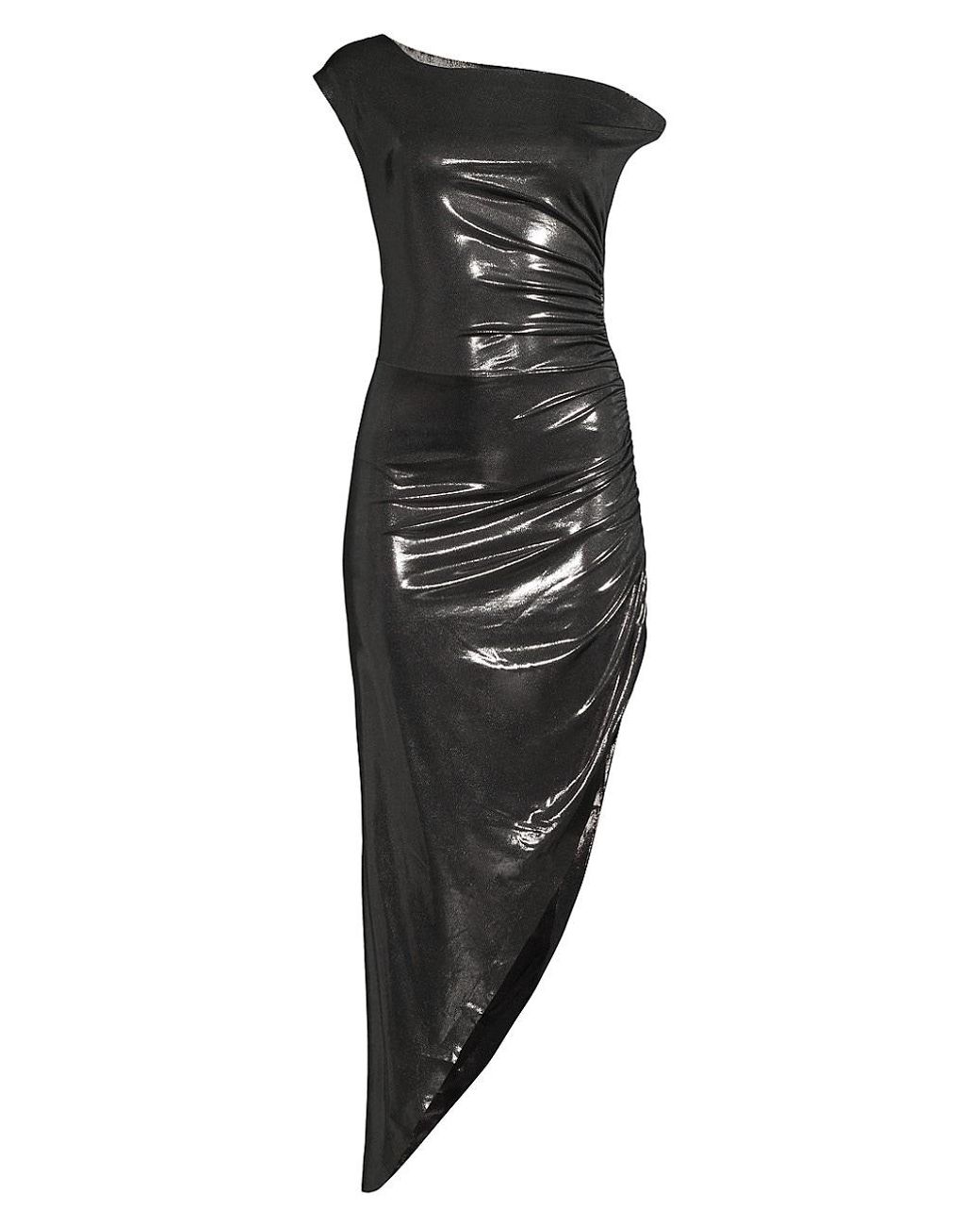 Norma Kamali Metallic Asymmetric Draped Midi-dress in Black | Lyst