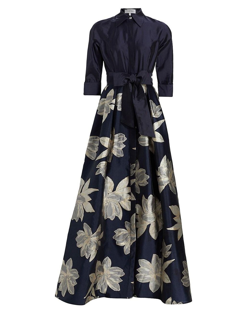 Teri Jon Satin Shirtwaist Floral Jacquard Gown in Blue | Lyst