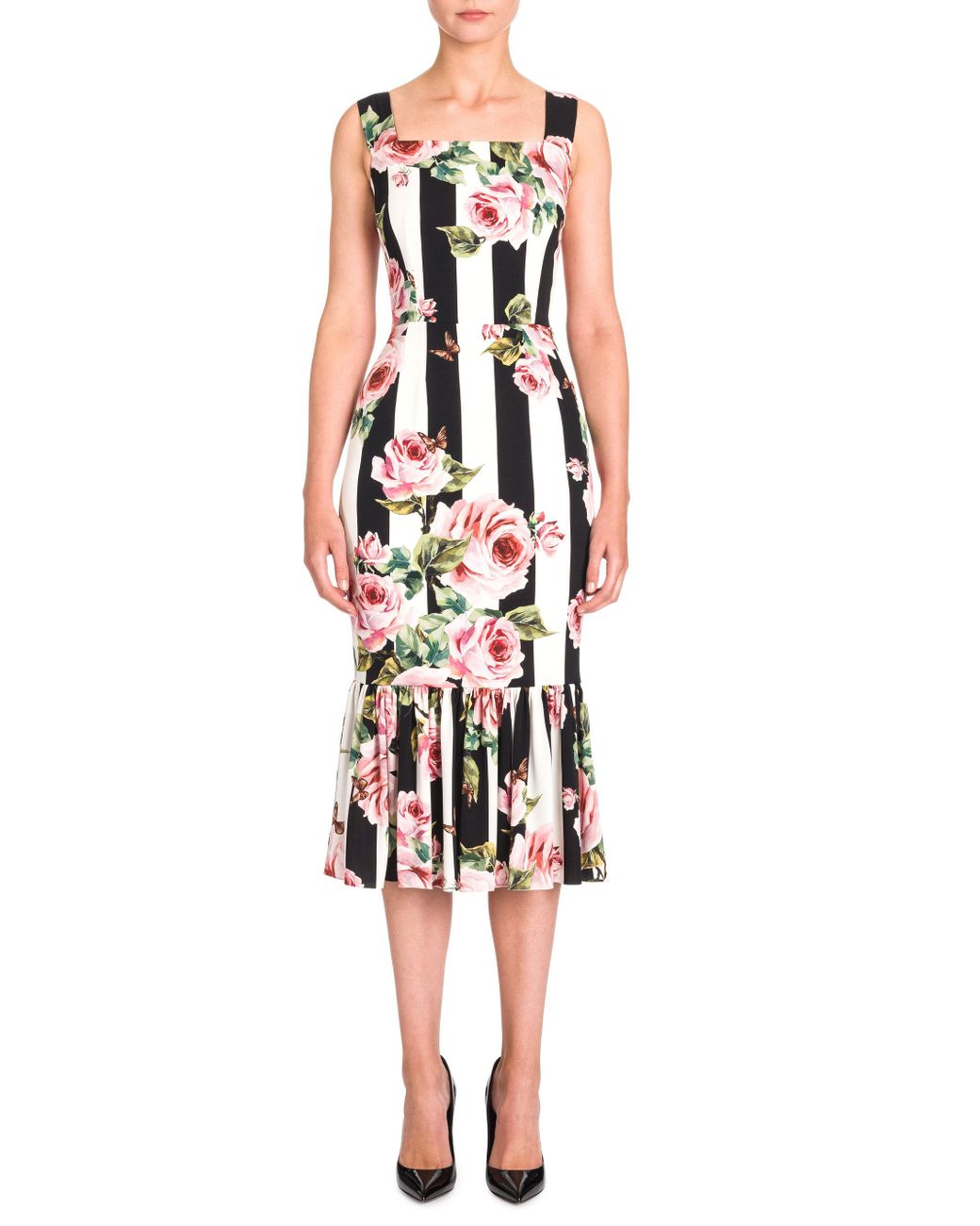 Dolce & Gabbana Rose-print Striped Dress | Lyst