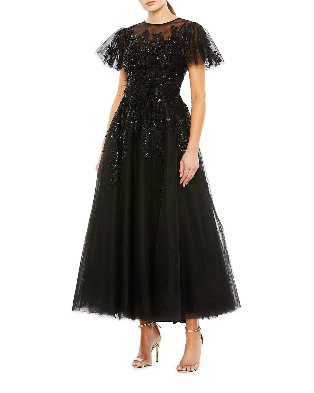 Mac Duggal Tulle Fluttersleeve Embellished Mididress in Black Lyst