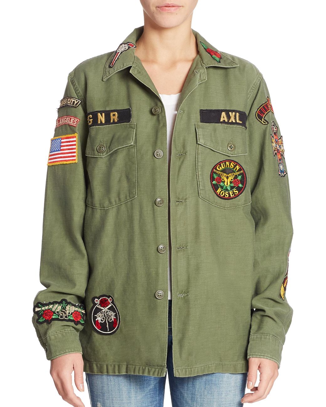 MadeWorn Women's Green Guns & Roses Embellished Army Jacket