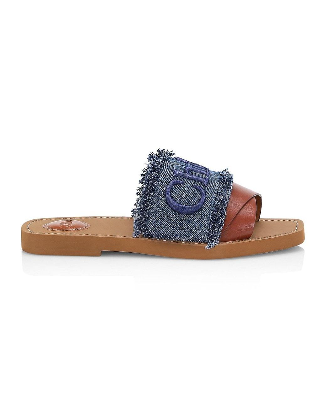 Chloé Woody Logo Flat Denim Slide Sandals in Deep Denim (Blue 