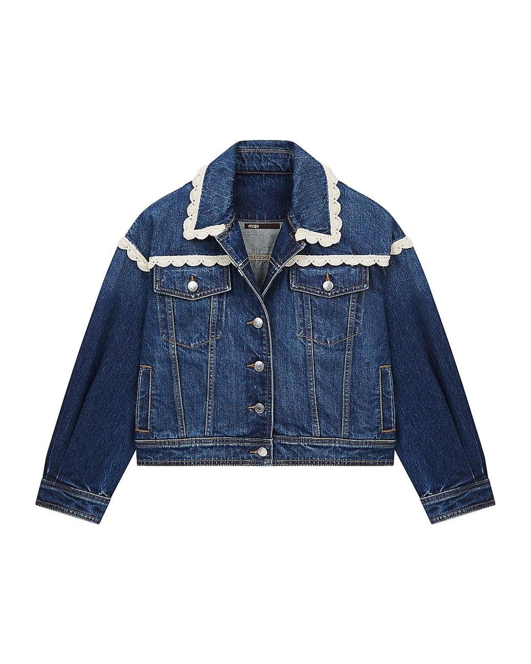 Maje Crochet-trim Faded Cropped Denim Jacket in Blue | Lyst
