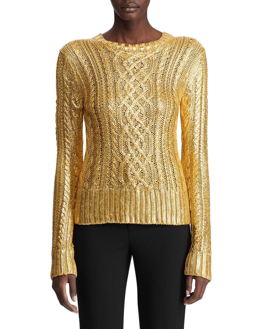 Ralph Lauren Collection Gold Foil Cable Knit Sweater in Metallic | Lyst