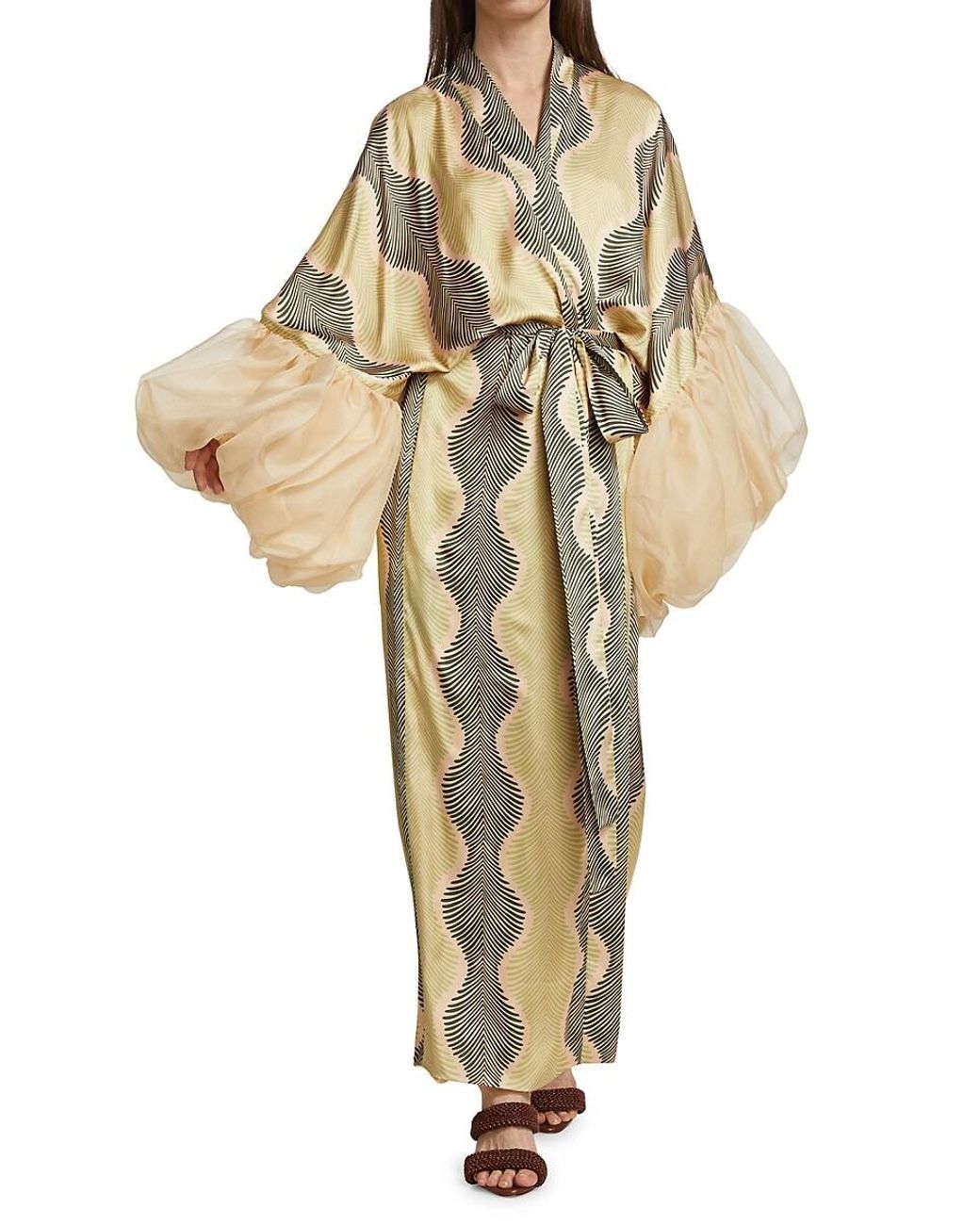 Fe Noel Silk Gatsby Palm Puff Sleeve Robe in Metallic - Lyst