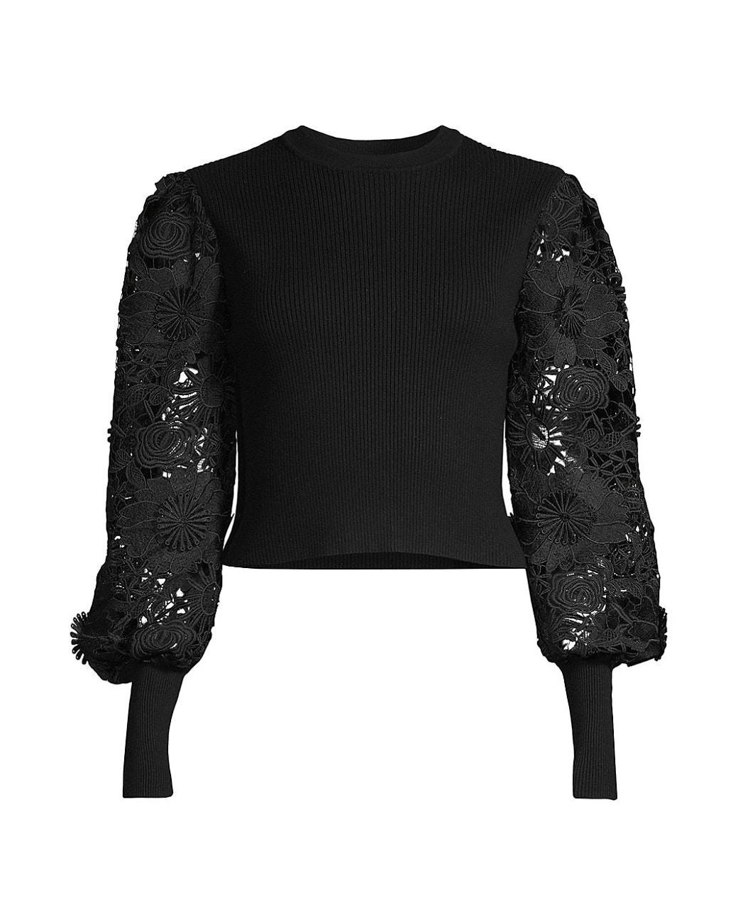 MILLY Lace Blouson-sleeve Top in Black | Lyst