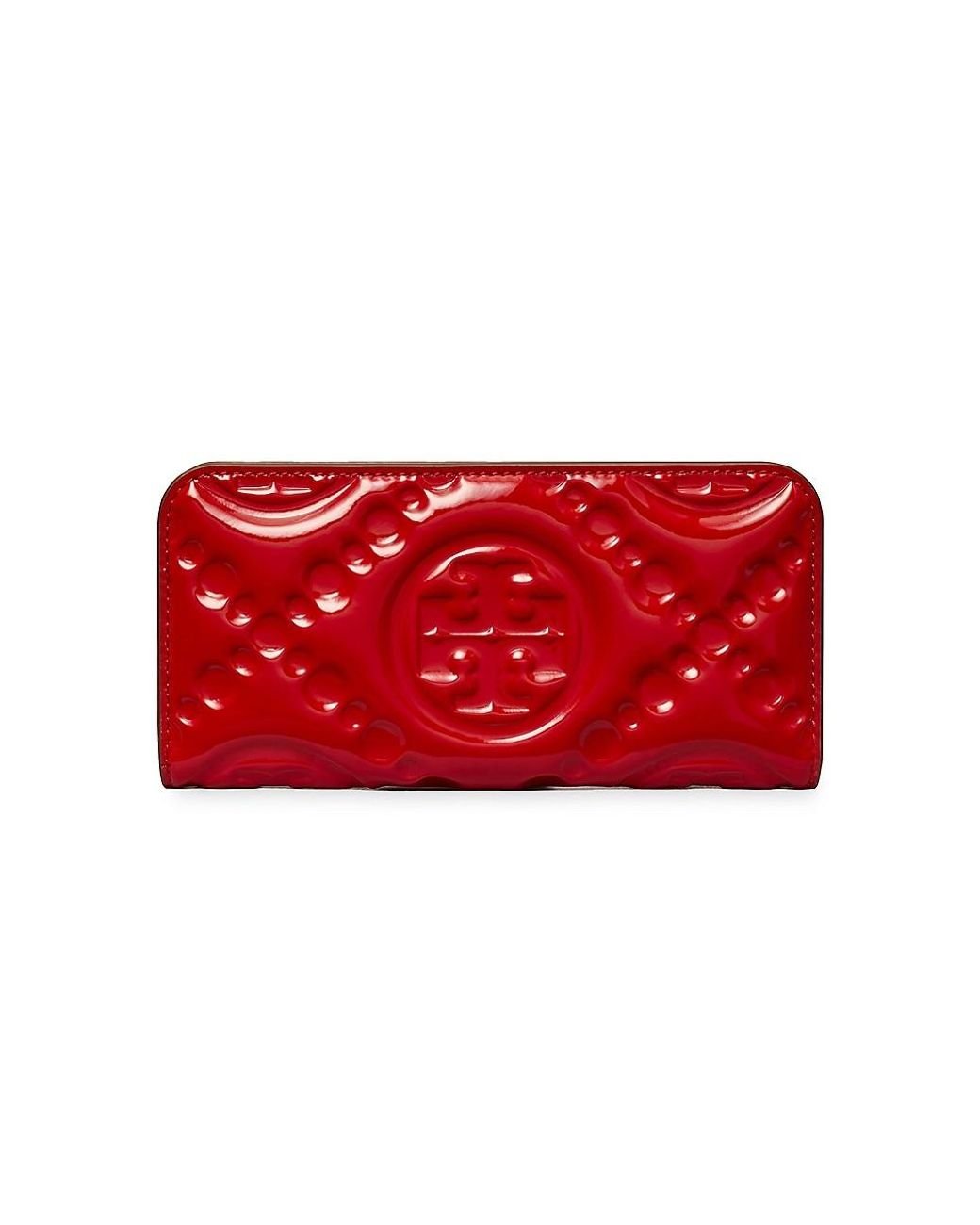 Tory Burch T Monogram Embossed Patent Leather Zip Wallet in Red | Lyst