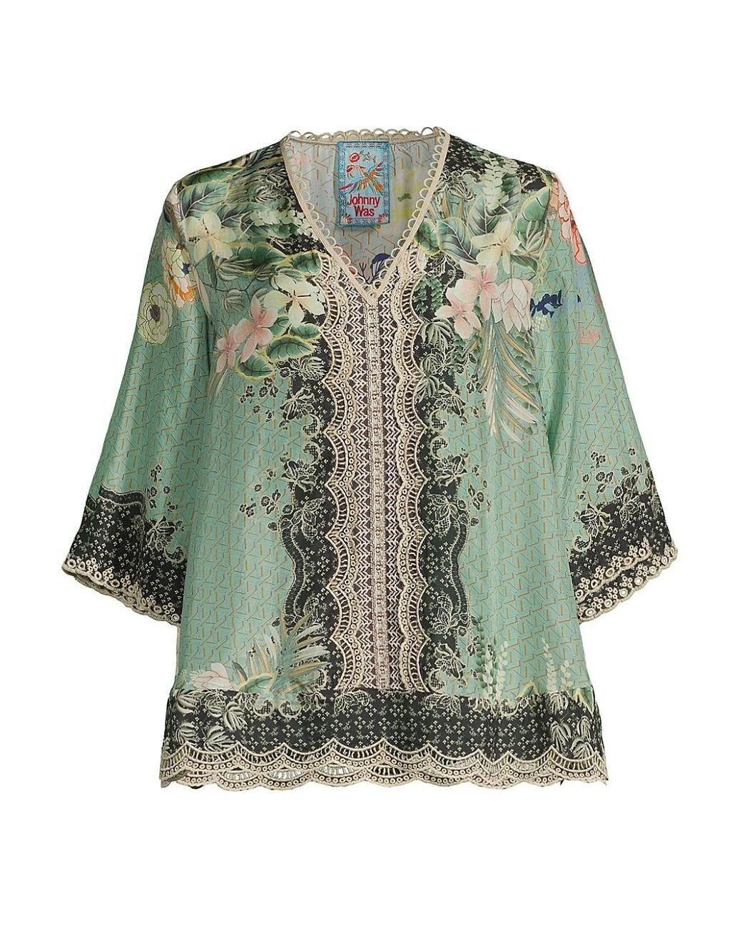 Johnny Was Millay Lenora Silk Floral Eyelet Tunic in Green | Lyst