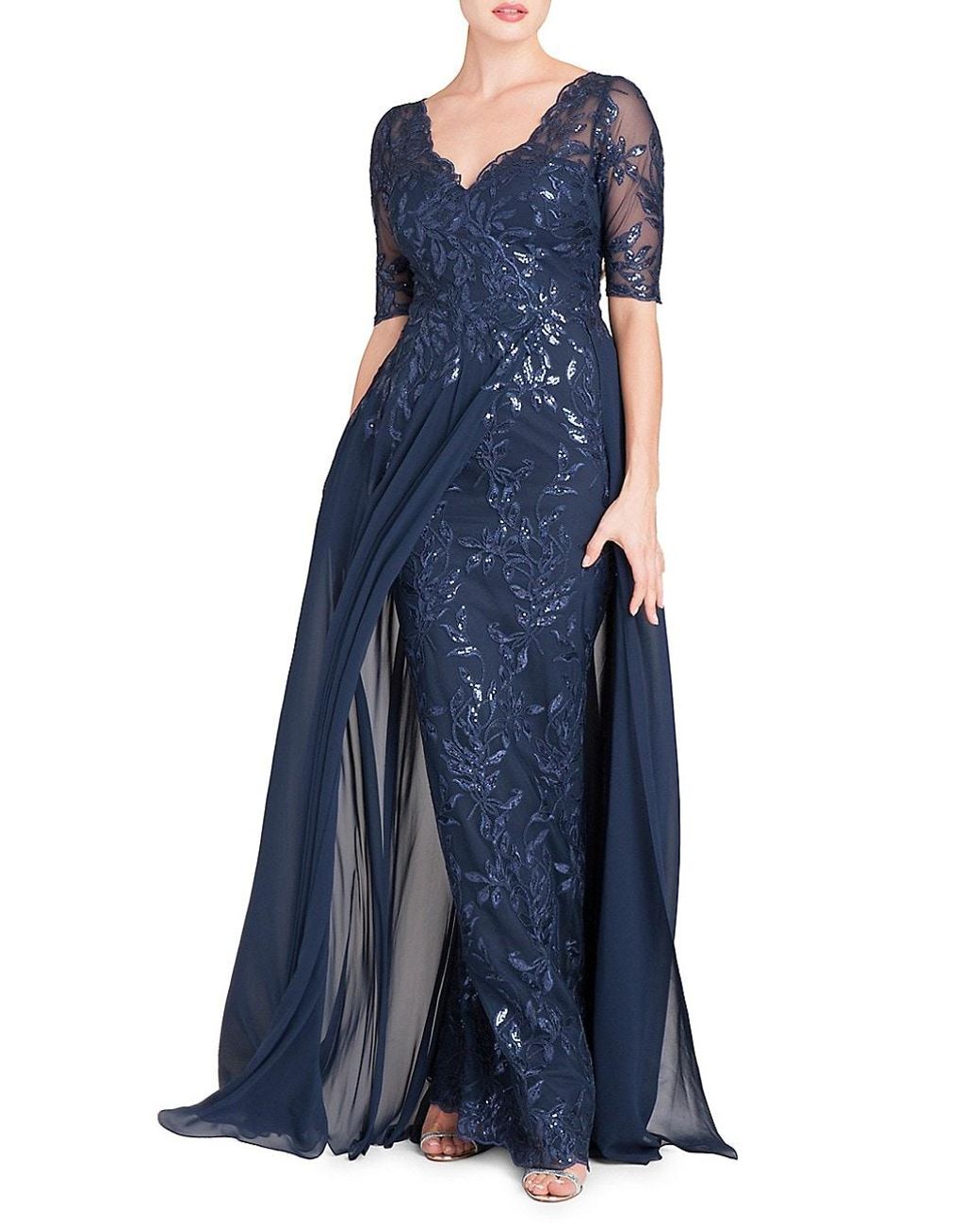 Teri Jon Layered Chiffon & Sequin Gown in Blue | Lyst