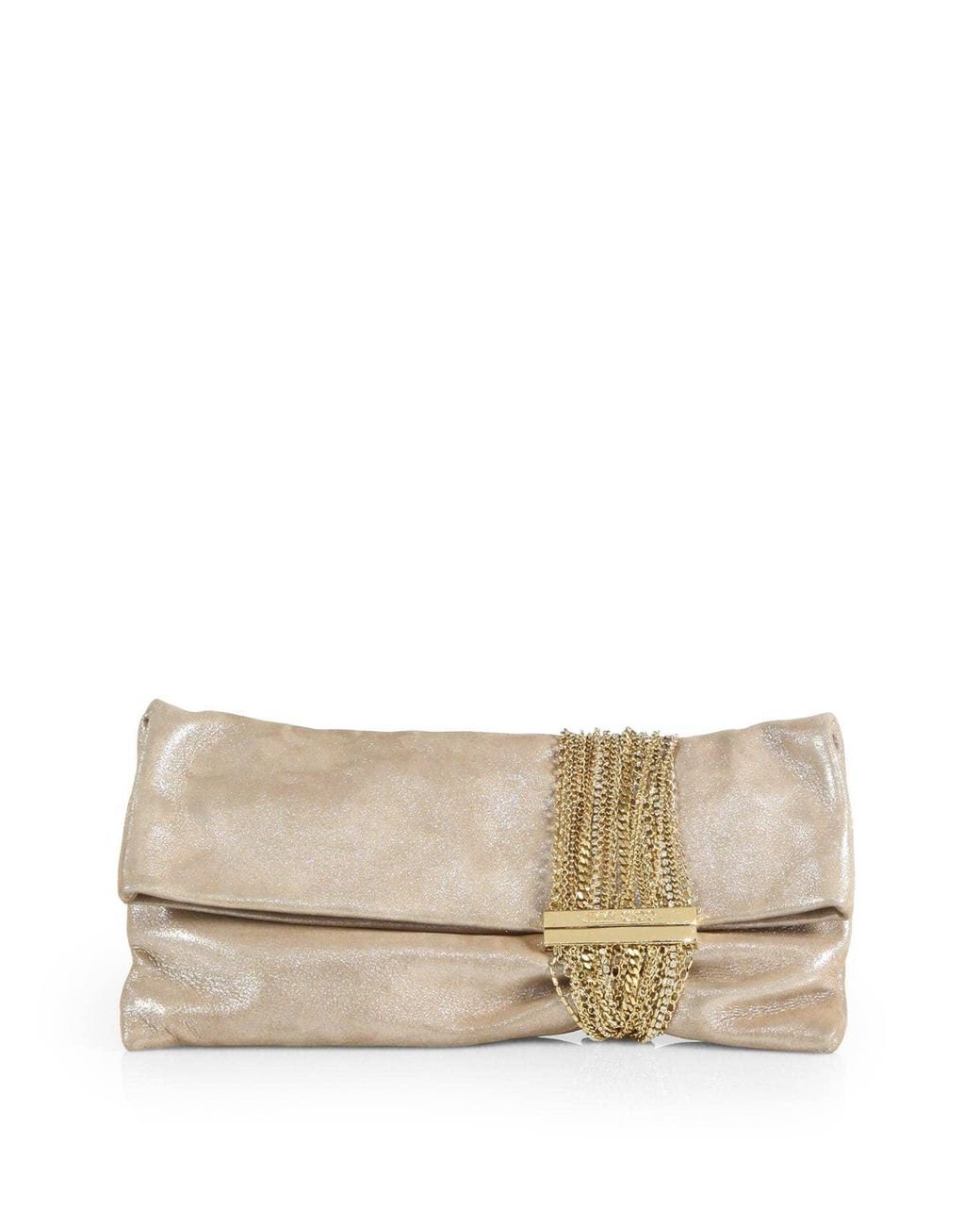 Jimmy Choo Chandra Shimmer Suede Chain Clutch in Natural