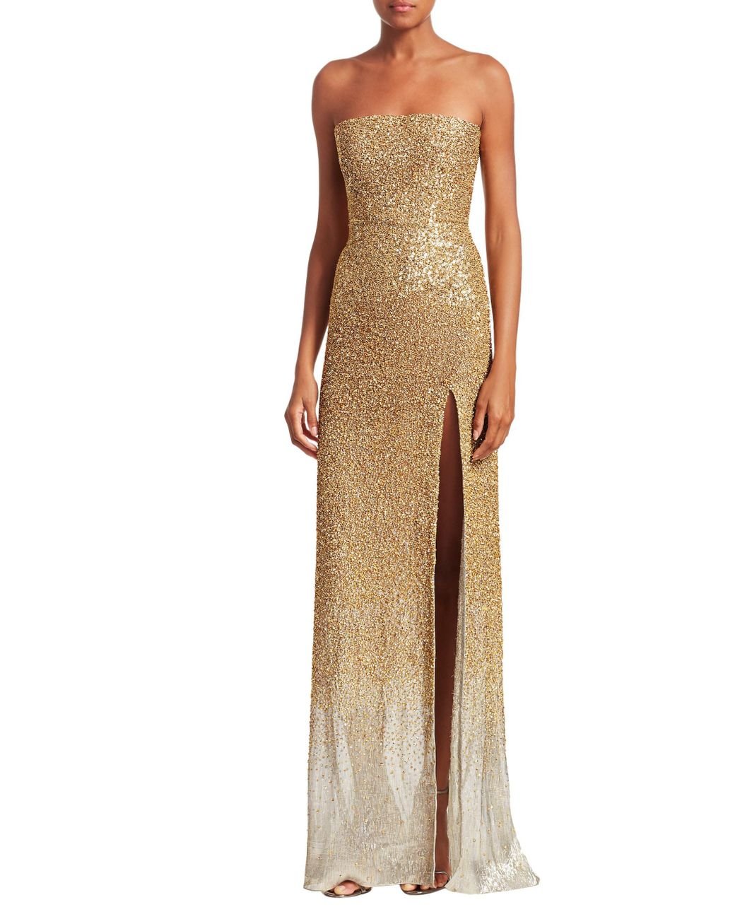 gold sequin strapless dress