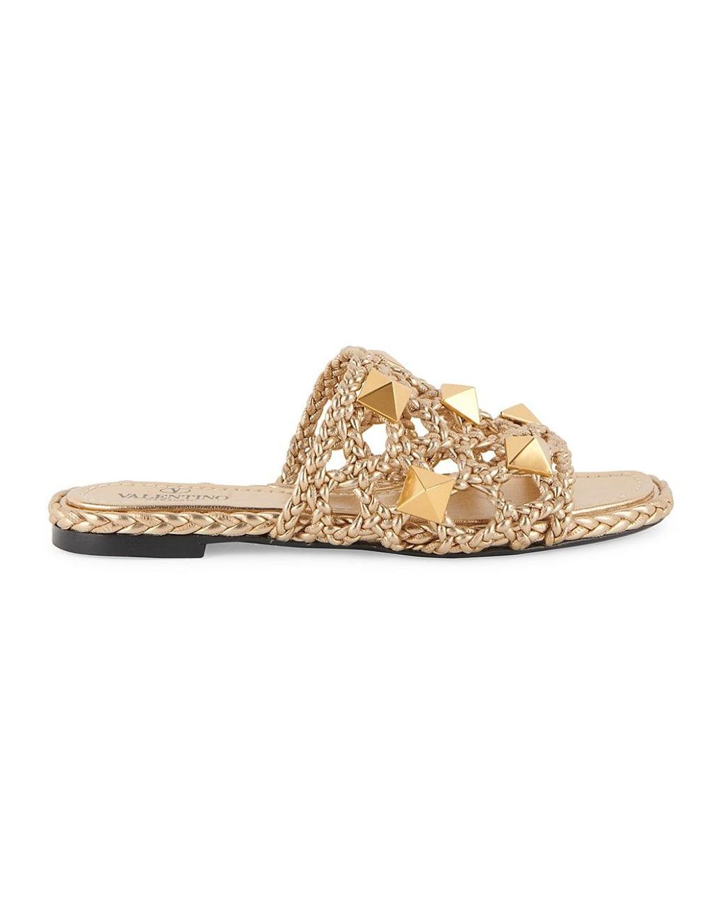 Valentino Garavani Roman Stud Woven Metallic Leather Slides - Lyst