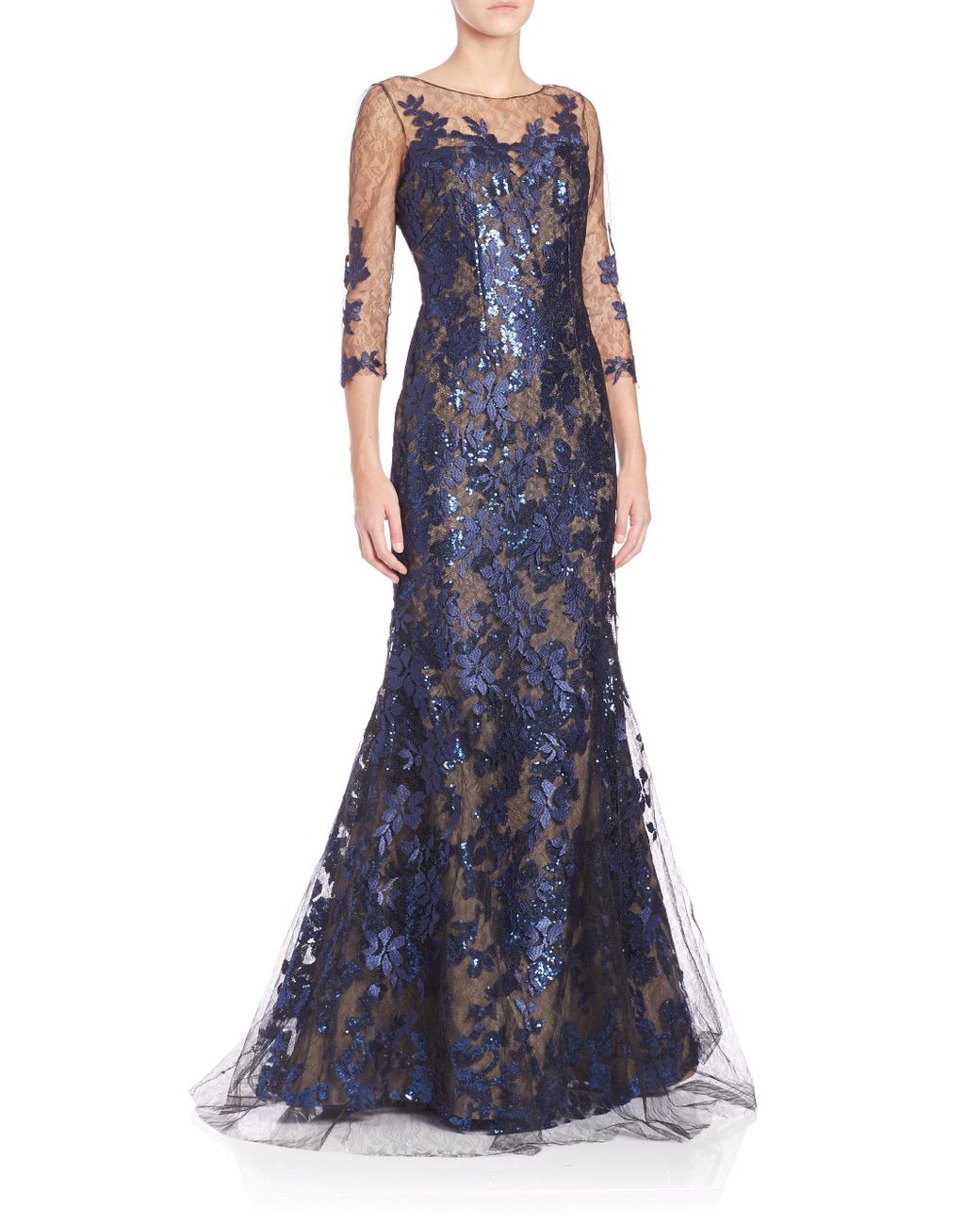 Rene Ruiz Floral Lace Applique Gown in Blue | Lyst