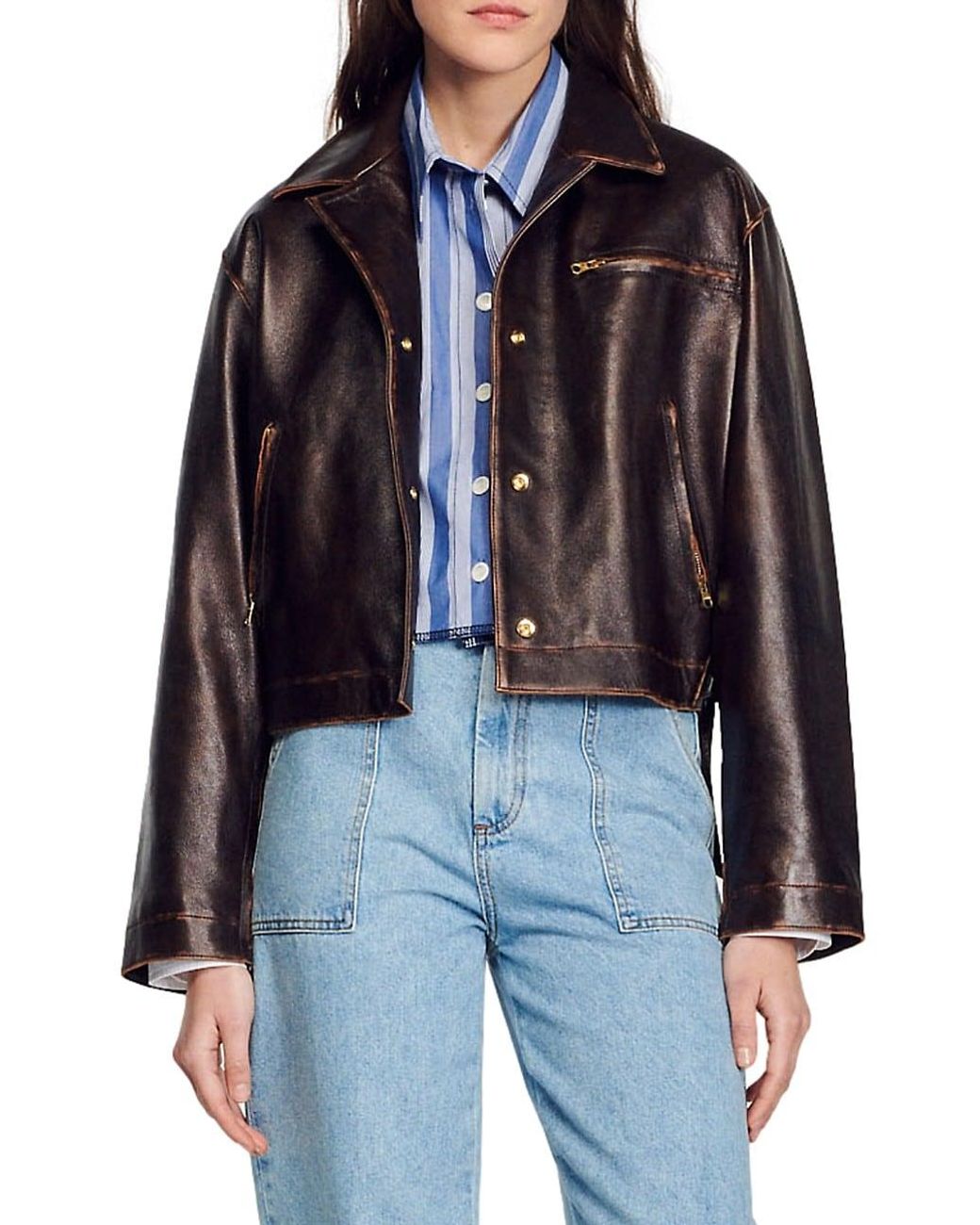 Sandro Distressed Cropped Leather Jacket in Blue | Lyst